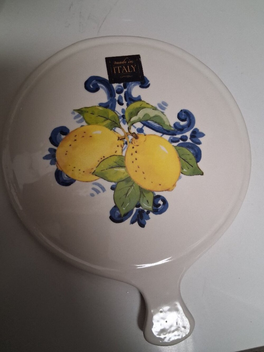 Made in Italy" Hand-Painted Lemon & Blue Scroll Ceramic Serving Board/Plaque